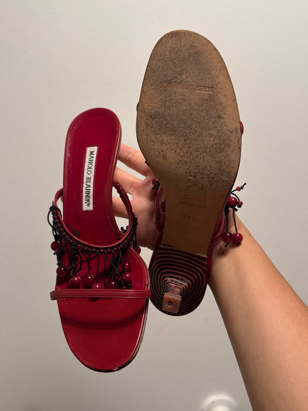 Manolo Blahnik Red Beaded kitten heels